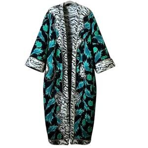 Vintage Syrian Faux Fur Feather Print Long Robe Coat Heavyweight 4